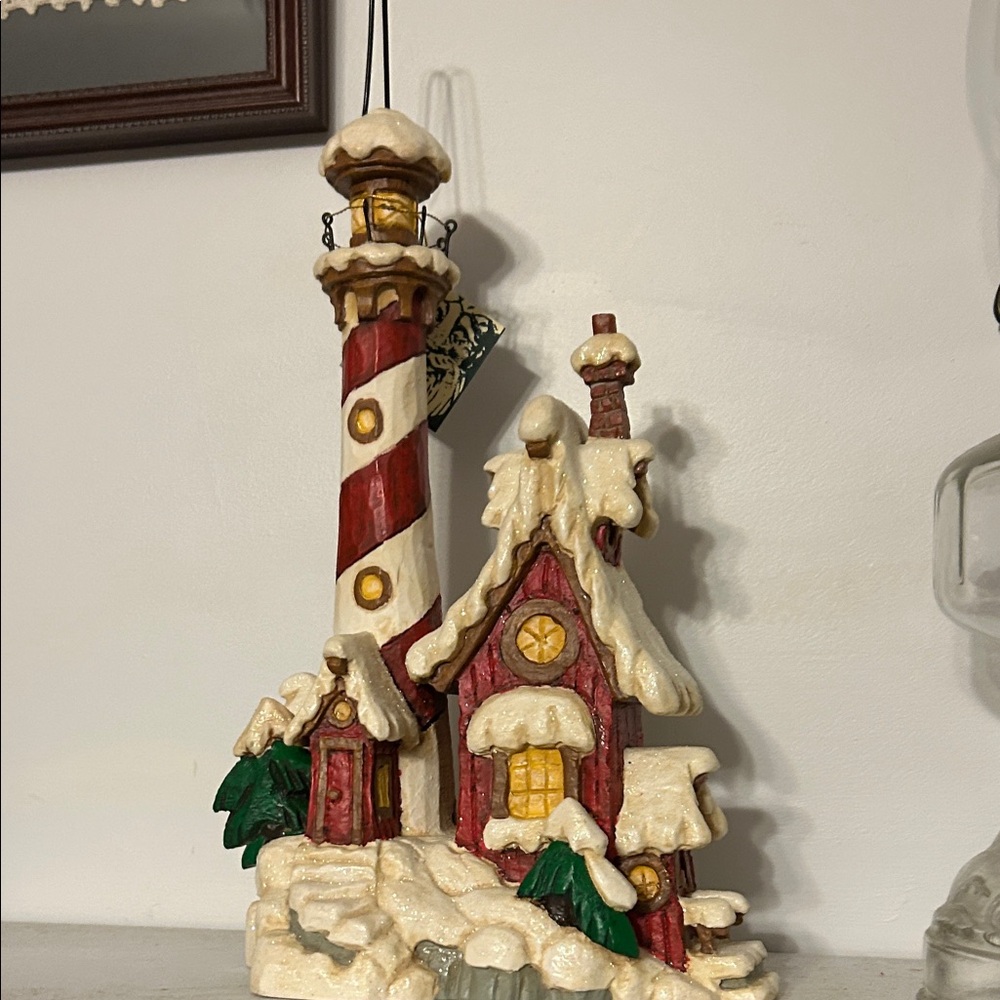 Festive Red and White Holiday Lighthouse Decoration by David Frykman Portfolio